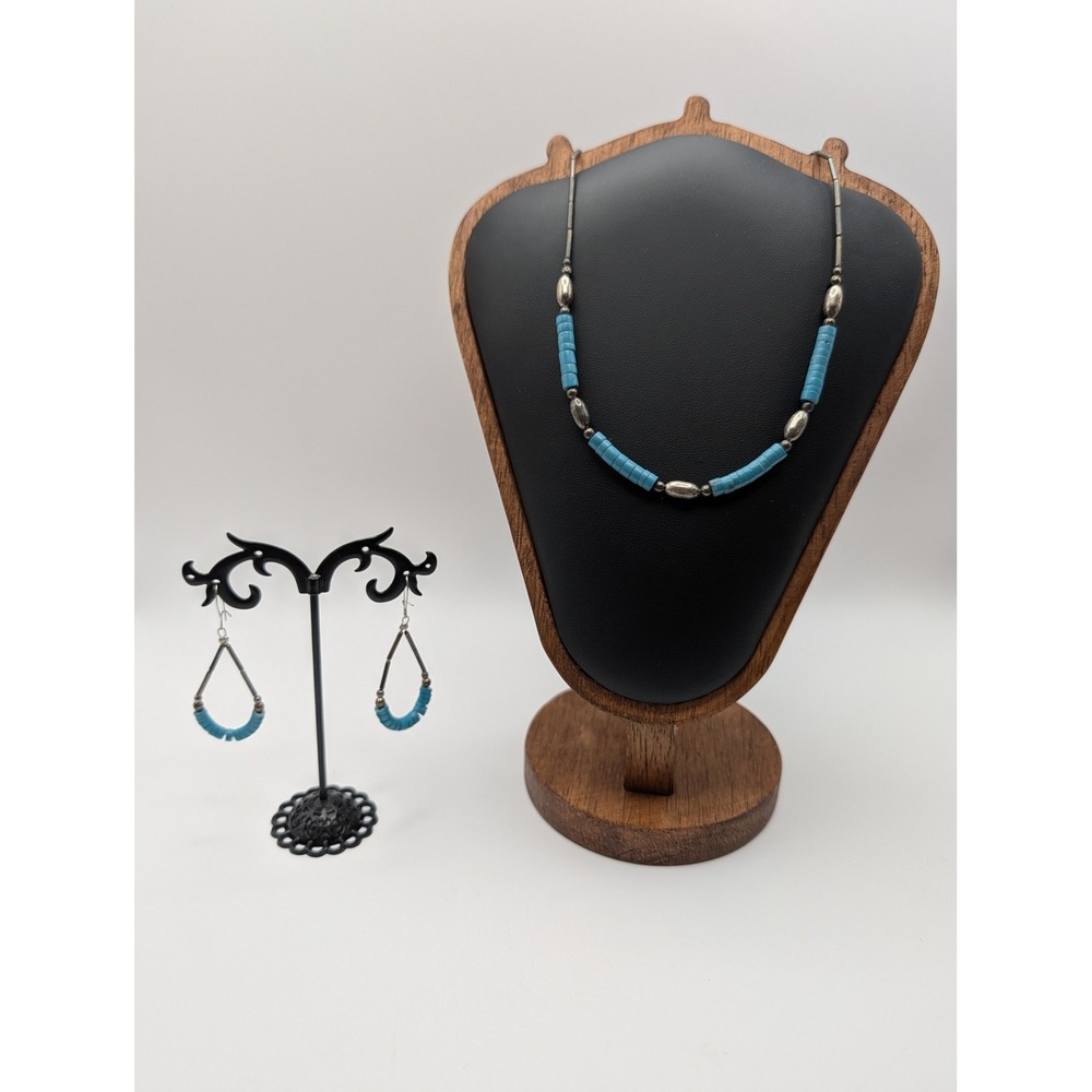 Turquoise Heishi Bead Necklace Earring Set Silver Tone Southwest Style Jewelry